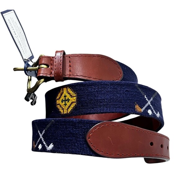 Smathers & Branson Golf Clubs Needlepoint Belt 38 Hand-Stitched Leather NWT - Picture 1 of 16